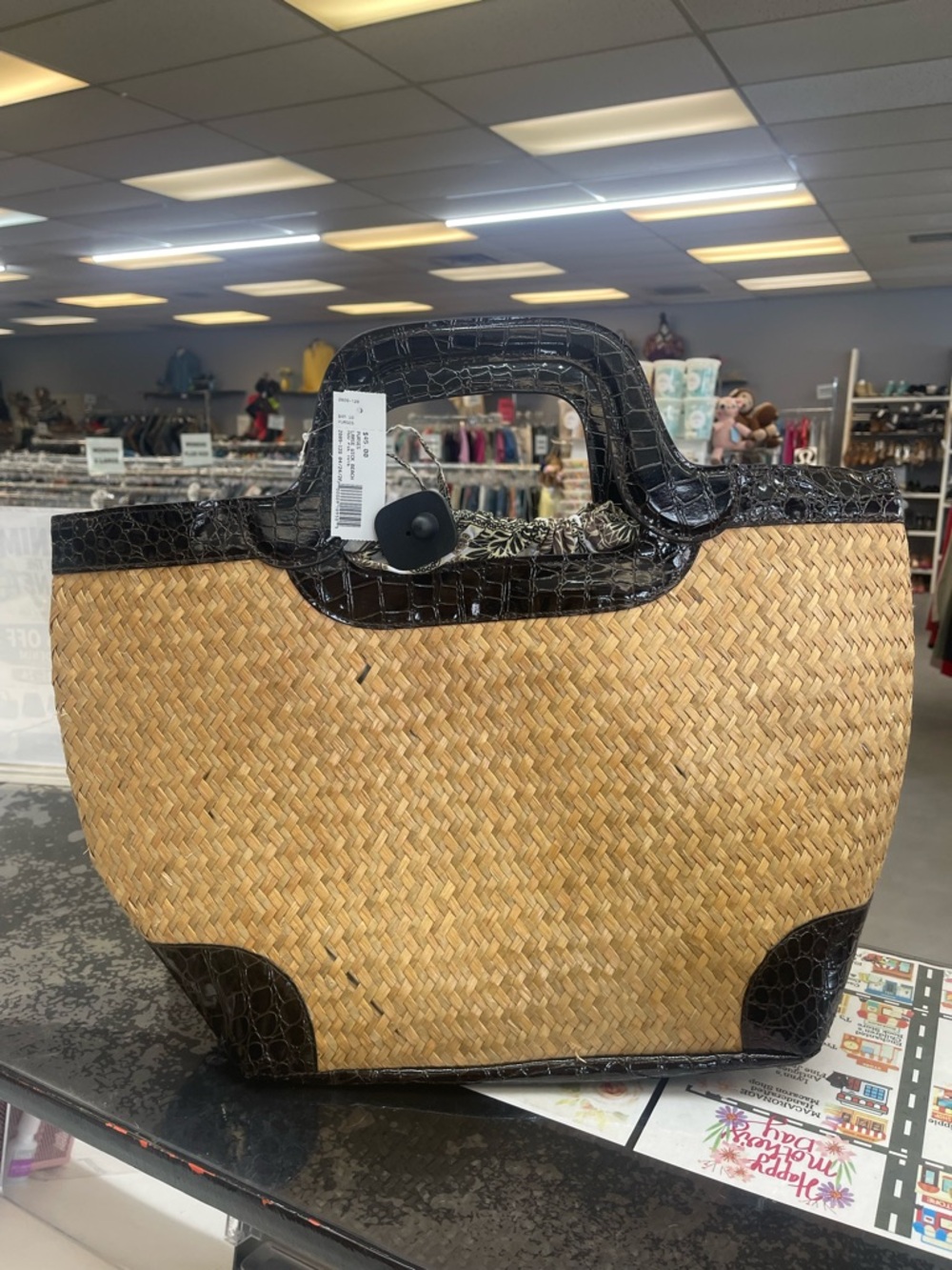 Mud Pie Tan Straw Tote with Dark Brown Trim
